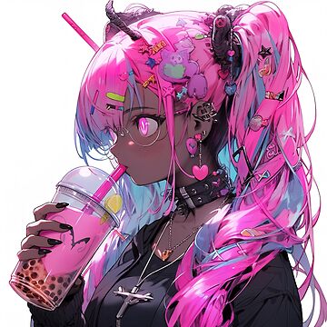 Kawaii anime girl with long wavy pink hair holding boba tea