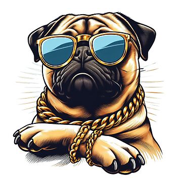 PUG 4 LIFE, Cute Pug Dog Sunglasses Gold Chain' Sticker