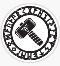 Odin Thor Hammer Mjölnir with Norse Runes eroded grunge white - Norse Viking Mythology engraved rock texture Sticker
