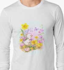 Cute Easter Duckling Chick and Spring Flowers Long Sleeve T-Shirt