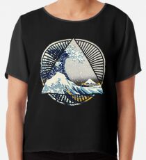 Vintage Hokusai Mount Fuji Great Tsunami Wave Japanese Geometric Manga Shirt Chiffon Top