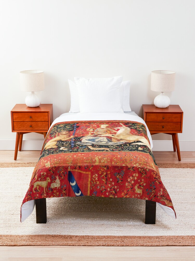 Alternate view of LADY AND UNICORN ,SIGHT Red Green Fantasy Flowers,Animals Comforter
