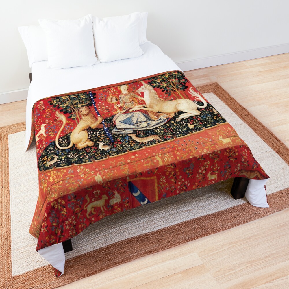 LADY AND UNICORN ,SIGHT Red Green Fantasy Flowers,Animals Comforter