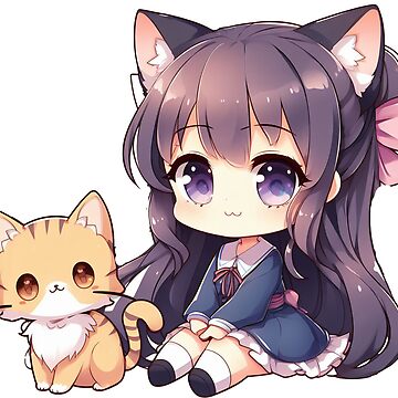 Cute Chibi Anime Cat Girl With Cats Sticker for Sale by stickondeez