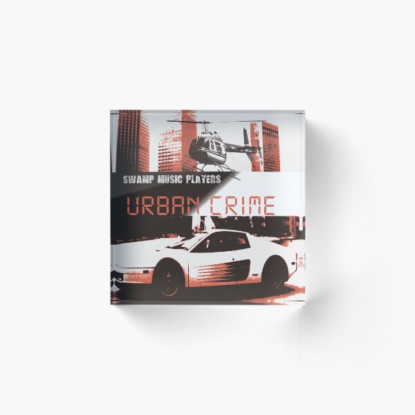 Swamp Music Players, Urban Crime, Retro 1980s Miami skyline, Testarossa & Bell Chopper Acrylic Block