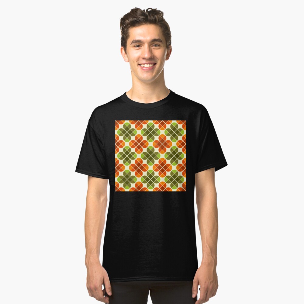 Geometric Pattern: Flower: Four Petal: Green/Orange Classic T-Shirt