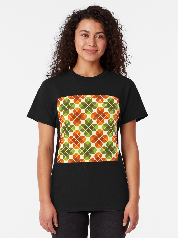 Alternate view of Geometric Pattern: Flower: Four Petal: Green/Orange Classic T-Shirt