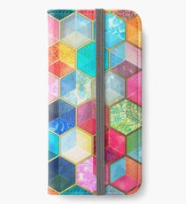 Kristallböhmische Bienenwaben-Würfel - buntes Hexagonmuster iPhone Flip-Case/Hülle/Klebefolie