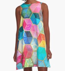 Crystal Bohemian Honeycomb Cubes - colorful hexagon pattern A-Line Dress