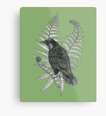 ink crow in a fern forest on dark green Metal Print