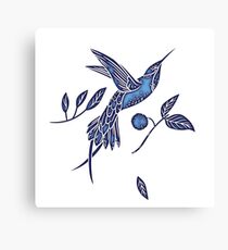 Delft Blue Humming Birds & Leaves Pattern Canvas Print