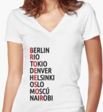 La Casa de Papel Names of Cities Women's Fitted V-Neck T-Shirt