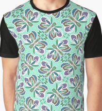 Field of Aqua Turquoise Butterflies , Purple Wings Patterns in Geometric Formation with Flowers Graphic T-Shirt