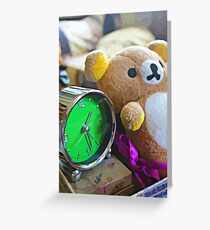Cute Green Clock Time with Brown Teddy Bear #2. Animal, Cartoon, Art, Child, Fun. Greeting Card