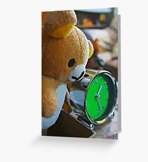 Cute Green Clock Time with Brown Teddy Bear #3. Animal, Cartoon, Art, Child, Fun. Greeting Card
