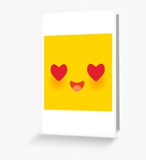 Kawaii funny muzzle in love with pink cheeks and big Red heart eyes Cute Cartoon Face on yellow Greeting Card