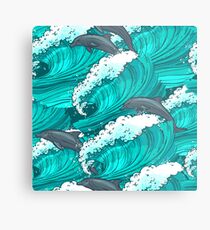 Sea waves with dolphins Metal Print