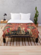LADY AND UNICORN ,TOUCH ,Lion,Fantasy Flowers,Animals Red Green Floral Throw Blanket