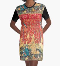 LADY AND UNICORN Red Green Fantasy Flowers,Animals Graphic T-Shirt Dress