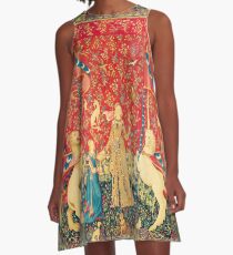 DAMEN UND EINHORNEN Geschmack, Rot Grün Fantasie Blumen, Tiere A-Linien Kleid