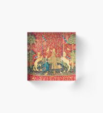 DAME UND EINHORN-Geschmack, rote grüne Fantasieblumen, Tiere Acrylblock