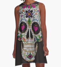 Create a Real Stitchery on Black - Pixel Art - Day of the Dead, Cinco de Mayo, Calavera, Dia de los Muertos - Sugar Skull - Candy Skull Make Up Face Paint Design A-Line Dress