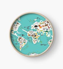 Cartoon animal world map for children and kids, Animals from all over the world, white continents and islands on blue background of ocean and sea. Clock