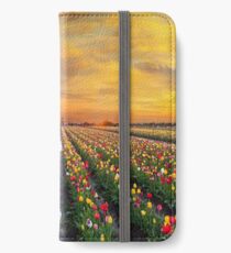 Sunset over colorful Tulip flower fields in full bloom during spring season tulip festival in Woodburn Oregon iPhone Wallet/Case/Skin