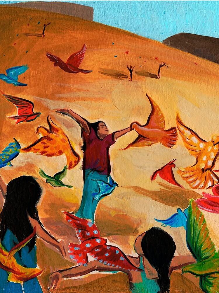 Happy children with Painted birds children's book Illustration by CatarinaGarcia