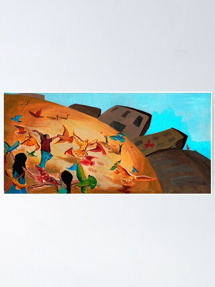 Alternate view of Happy children with Painted birds children's book Illustration Poster