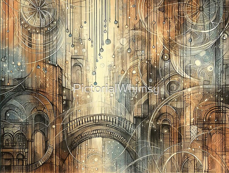 Urban elegance in amber hues — art deco style city art print