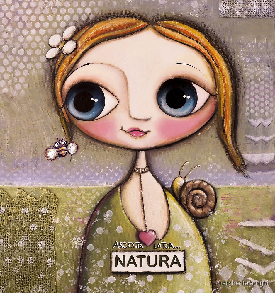Doll Big Eyes, the bee and the snail in green environment by margherita arrighi