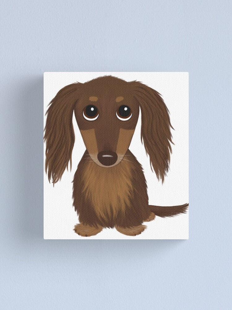 Longhaired Chocolate Brown Dachshund Cartoon Dog Canvas Print By
