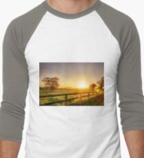 Rural sunrise over fenced field Men's Baseball ¾ T-Shirt
