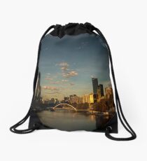 Footbridge over the River Yarra, Melbourne at daybreak. Drawstring Bag