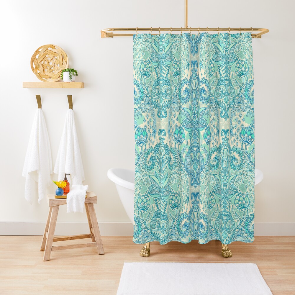 Botanical Geometry Nature Pattern In Blue Mint Green Cream