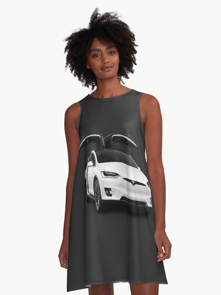White Tesla X Luxury Suv Electric Car With Open Falcon Wing Doors On Black Art Photo Print A Line Dress By Awenartprints