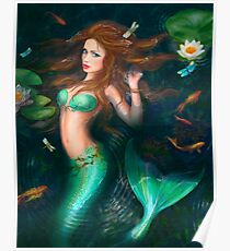 Beautiful Fantasy mermaid in lake with lilies Poster