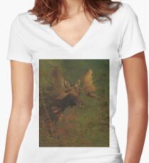 Vintage Painting of a Bull Moose Women's Fitted V-Neck T-Shirt