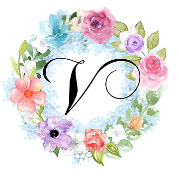 Vintage Watercolor Flowers Black Monogram Letter V | Poster