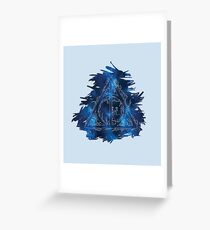 Galaxy Hallows - branches and stag - outline silhouette and brush strokes background (blue galaxy) - wand, cloak, stone Greeting Card
