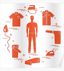 Silhouette of a man, irons and different clothes. Poster