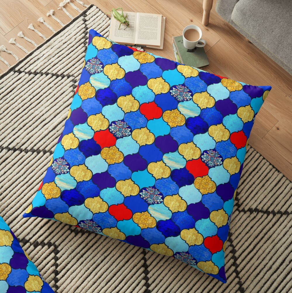 moroccan tiles , red, aqua, blue and gold moroccan tiled design by Magenta Rose Designs Floor Pillow