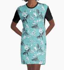 Flowers and Flight in Monochrome Teal Graphic T-Shirt Dress