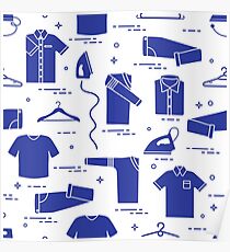 Pattern with irons, hangers and different clothes. Poster