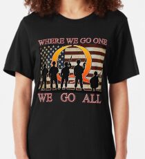 WHERE WE GO ONE WE GO ALL - military, soldiers, veterans, QANON, #QANON Slim Fit T-Shirt
