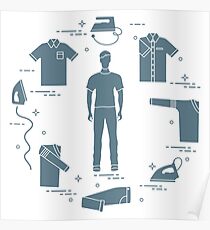Silhouette of a man, irons and different clothes. Poster