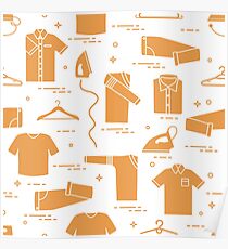 Pattern with irons, hangers and different clothes. Poster
