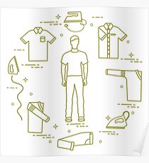 Silhouette of a man, irons and different clothes. Poster