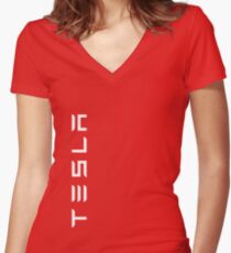 TESLA VERTICAL - White Name Women's Fitted V-Neck T-Shirt